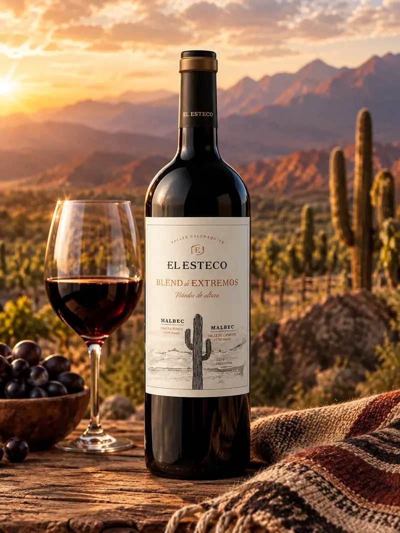 Botella de El Esteco Blend de Extremos Malbec frente a los cardones de los Valles Calchaquíes