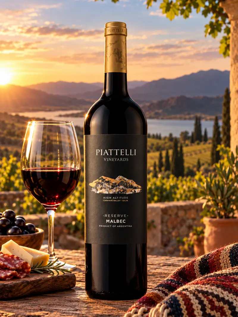 Botella de Piattelli Reserve Malbec junto a una copa de vino tinto, frente a los valles al atardecer